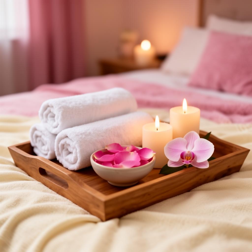 Suasana home spa profesional dengan handuk lembut, lilin aromaterapi, dan bunga anggrek